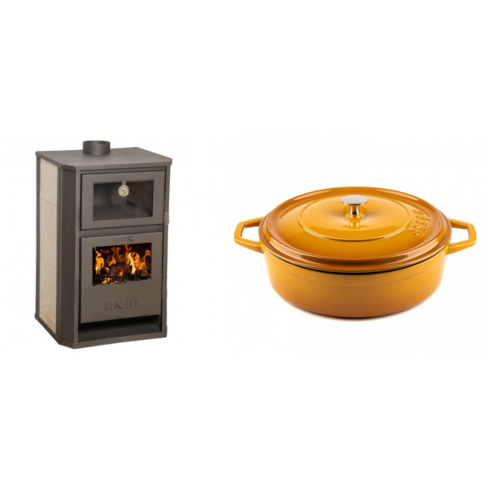 Set Kaminofen, Holzofen Wasserführend mit Backfach Balkan Energy, Modell Suzana Ceramic, 11.6kW - 17.5kW + Gusseisen Topf Flach Solagio, Dijon, Ф28 | Wasserführender Kaminofen | Kaminofen |