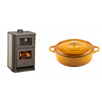 Set Kaminofen, Holzofen Wasserführend mit Backfach Balkan Energy, Modell Suzana Ceramic, 11.6kW - 17.5kW + Gusseisen Topf Flach Solagio, Dijon, Ф28 - Balkan Energy