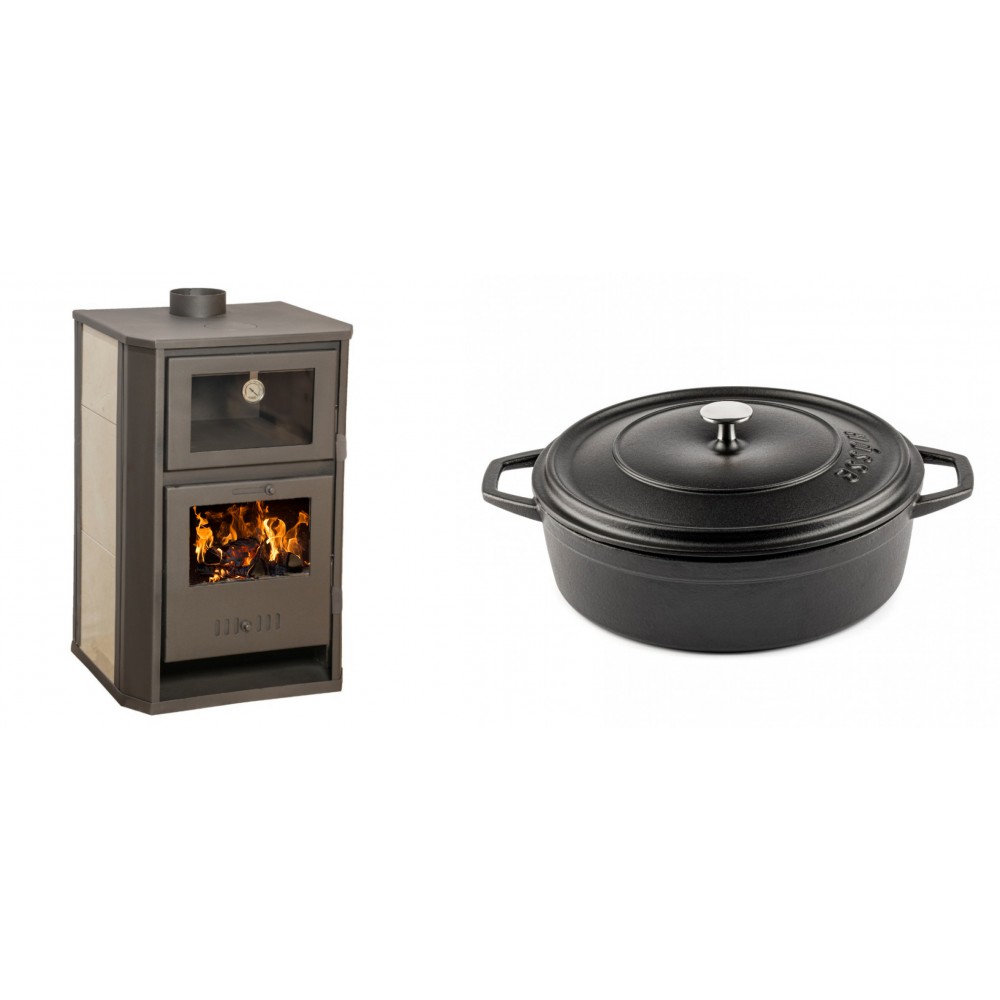 Set Kaminofen, Holzofen Wasserführend mit Backfach Balkan Energy, Modell Suzana Ceramic, 11.6kW - 17.5kW + Gusseisen Topf Flach Solagio, Black Onyx, Ф28