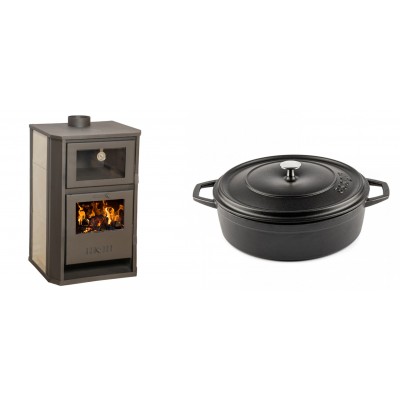 Set Kaminofen, Holzofen Wasserführend mit Backfach Balkan Energy, Modell Suzana Ceramic, 11.6kW - 17.5kW + Gusseisen Topf Flach Solagio, Black Onyx, Ф28 - Balkan Energy