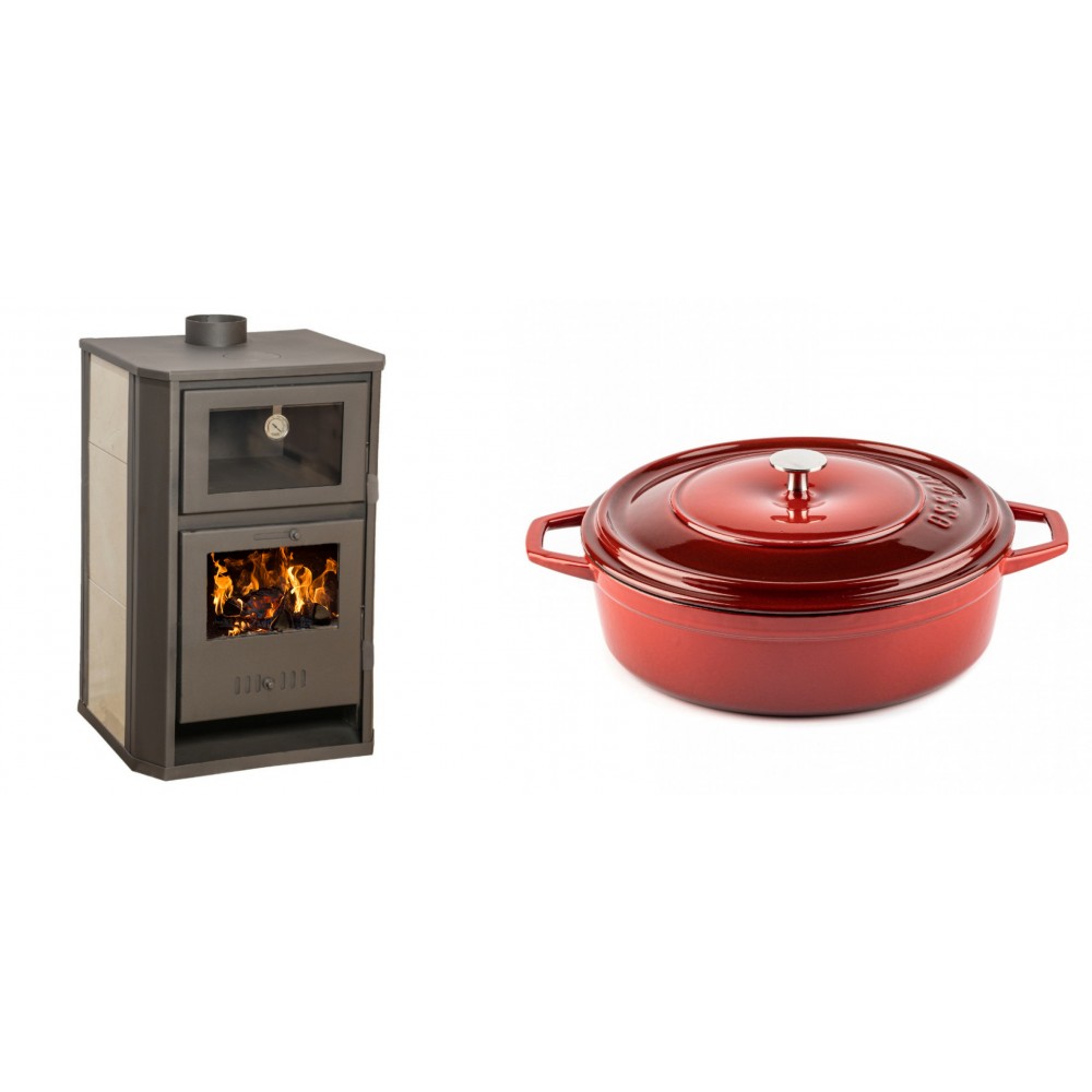 Set Kaminofen, Holzofen Wasserführend mit Backfach Balkan Energy, Modell Suzana Ceramic, 11.6kW - 17.5kW + Gusseisen Topf Flach Solagio, Rubin, Ф28
