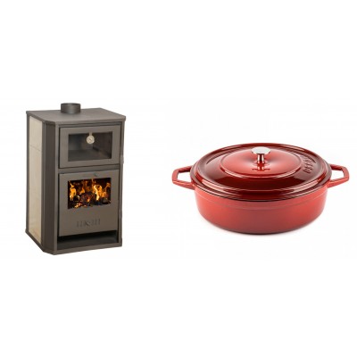 Set Kaminofen, Holzofen Wasserführend mit Backfach Balkan Energy, Modell Suzana Ceramic, 11.6kW - 17.5kW + Gusseisen Topf Flach Solagio, Rubin, Ф28 - Balkan Energy