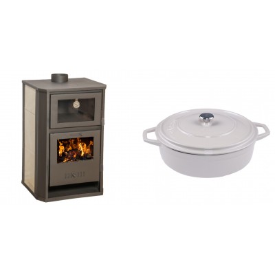 Set Kaminofen, Holzofen Wasserführend mit Backfach Balkan Energy, Modell Suzana Ceramic, 11.6kW - 17.5kW + Gusseisen Topf Flach Solagio, Ivory, Ф28 - Balkan Energy