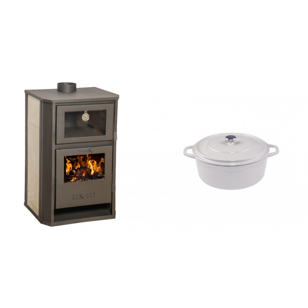 Set Kaminofen, Holzofen Wasserführend mit Backfach Balkan Energy, Modell Suzana Ceramic, 11.6kW - 17.5kW + Gusseisen Topf Tiefer Solagio, Ivory, Ф12