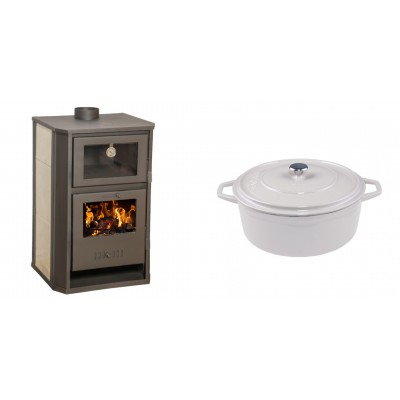 Set Kaminofen, Holzofen Wasserführend mit Backfach Balkan Energy, Modell Suzana Ceramic, 11.6kW - 17.5kW + Gusseisen Topf Tiefer Solagio, Ivory, Ф24 - Balkan Energy