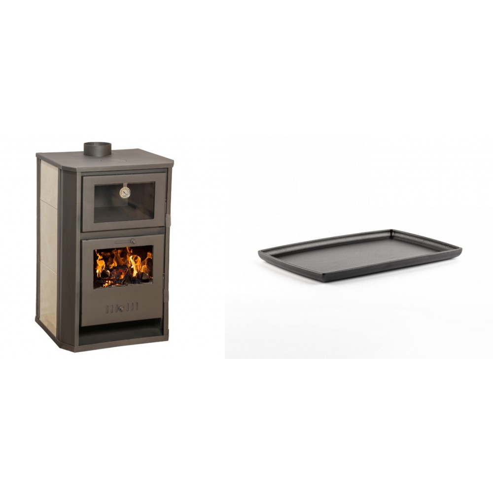 Set Kaminofen, Holzofen Wasserführend mit Backfach Balkan Energy, Modell Suzana Ceramic, 11.6kW - 17.5kW + Rechteckige Servierplatte aus Gusseisen Solagio, 21x31cm