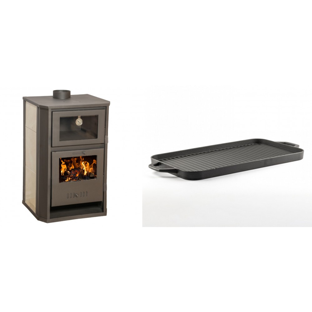Set Kaminofen, Holzofen Wasserführend mit Backfach Balkan Energy, Modell Suzana Ceramic, 11.6kW - 17.5kW + Große Grillplatte aus Gusseisen Solagio, 25x44cm