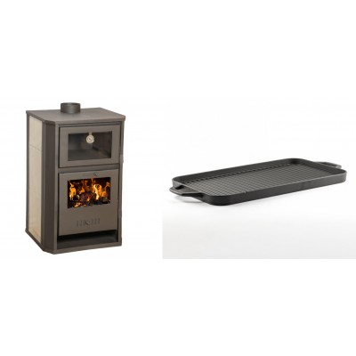 Set Kaminofen, Holzofen Wasserführend mit Backfach Balkan Energy, Modell Suzana Ceramic, 11.6kW - 17.5kW + Große Grillplatte aus Gusseisen Solagio, 25x44cm - Balkan Energy