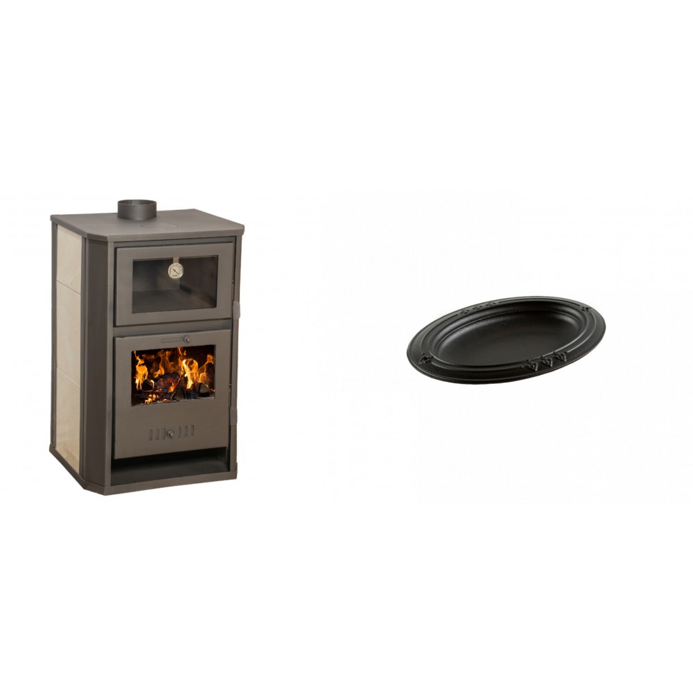 Set Kaminofen, Holzofen Wasserführend mit Backfach Balkan Energy, Modell Suzana Ceramic, 11.6kW - 17.5kW + Gusseiserne auflaufform Solagio oval, 17x28cm