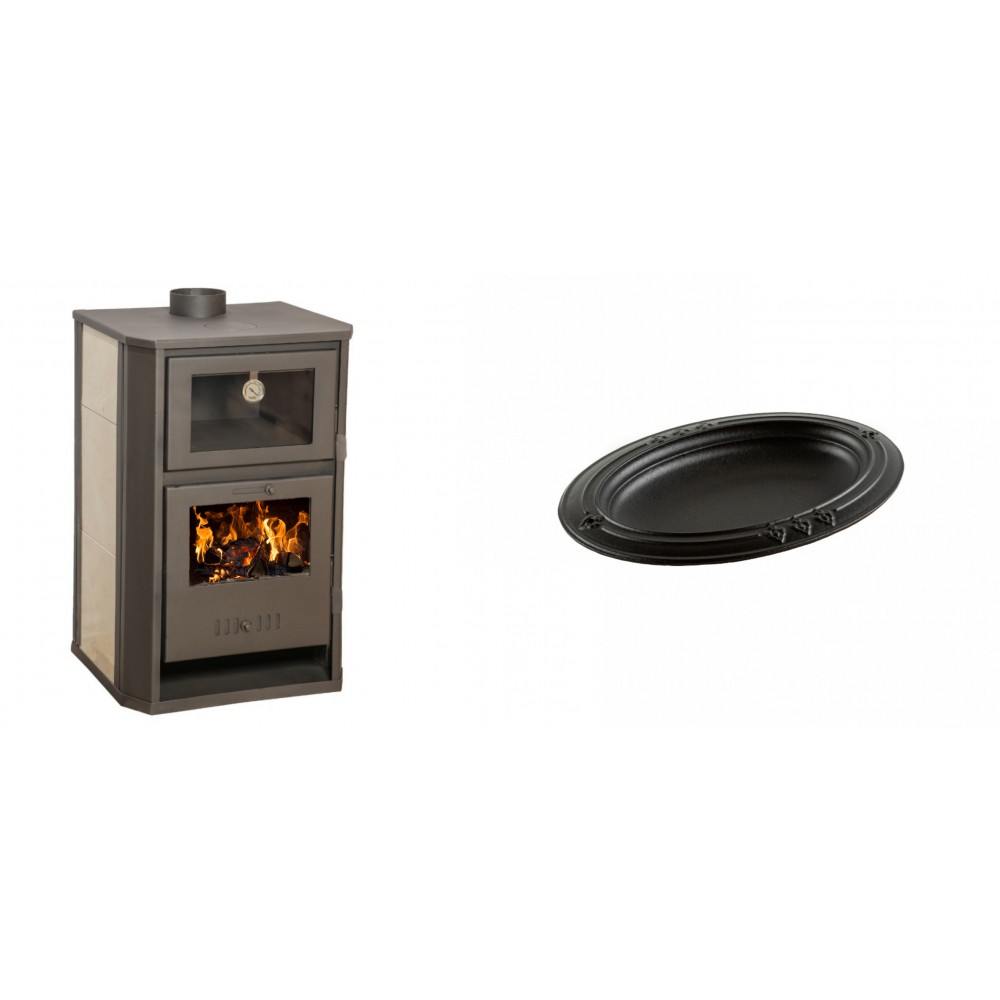 Set Kaminofen, Holzofen Wasserführend mit Backfach Balkan Energy, Modell Suzana Ceramic, 11.6kW - 17.5kW + Gusseiserne auflaufform Solagio oval, 25x33cm