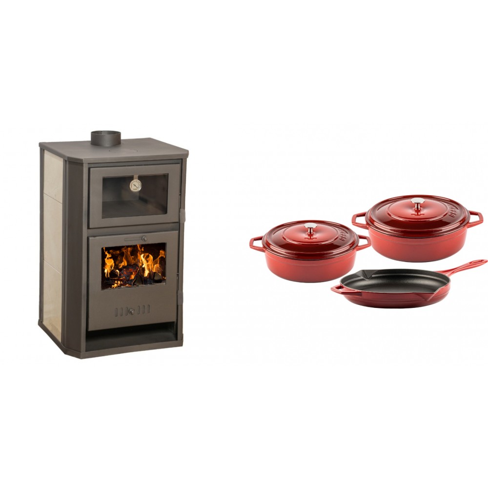 Set Kaminofen, Holzofen Wasserführend mit Backfach Balkan Energy, Modell Suzana Ceramic, 11.6kW - 17.5kW + Gusseisen Topf Set aus 3 teilen Solagio, Rubin