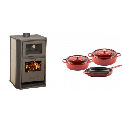Set Kaminofen, Holzofen Wasserführend mit Backfach Balkan Energy, Modell Suzana Ceramic, 11.6kW - 17.5kW + Gusseisen Topf Set aus 3 teilen Solagio, Rubin - Balkan Energy