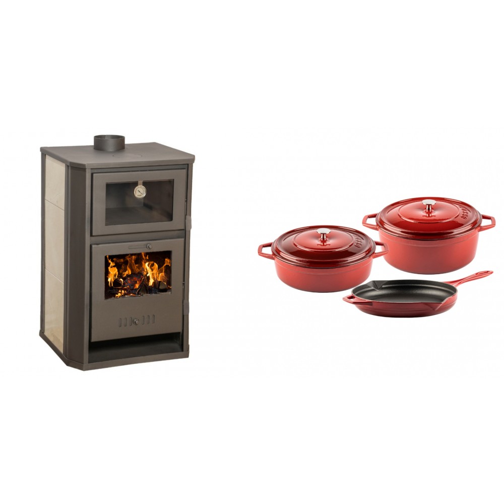 Set Kaminofen, Holzofen Wasserführend mit Backfach Balkan Energy, Modell Suzana Ceramic, 11.6kW - 17.5kW + Gusseisen Topf Set aus 3 teilen Solagio, Rubin | Wasserführender Kaminofen | Kaminofen |