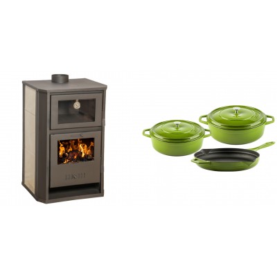 Set Kaminofen, Holzofen Wasserführend mit Backfach Balkan Energy, Modell Suzana Ceramic, 11.6kW - 17.5kW + Gusseisen Topf Set aus 3 teilen Solagio, Bamboo - Balkan Energy