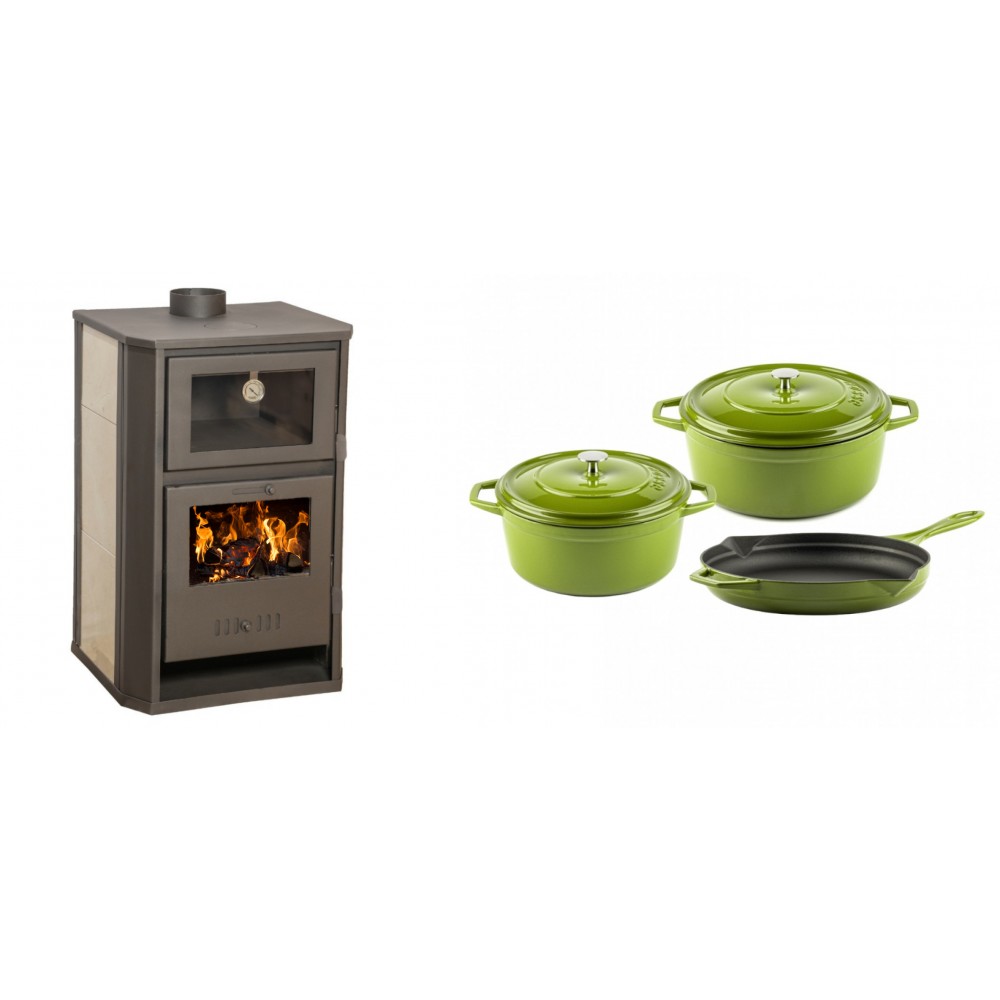 Set Kaminofen, Holzofen Wasserführend mit Backfach Balkan Energy, Modell Suzana Ceramic, 11.6kW - 17.5kW + Gusseisen Topf Set aus 3 teilen Solagio, Bamboo