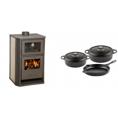 Set Kaminofen, Holzofen Wasserführend mit Backfach Balkan Energy, Modell Suzana Ceramic, 11.6kW - 17.5kW + Gusseisen Topf Set aus 3 teilen Solagio, Black Onyx - Balkan Energy