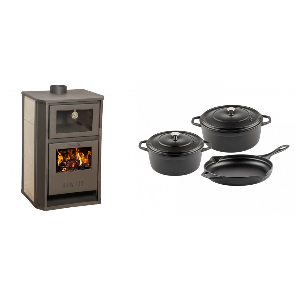 Set Kaminofen, Holzofen Wasserführend mit Backfach Balkan Energy, Modell Suzana Ceramic, 11.6kW - 17.5kW + Gusseisen Topf Set aus 3 teilen Solagio, Black Onyx