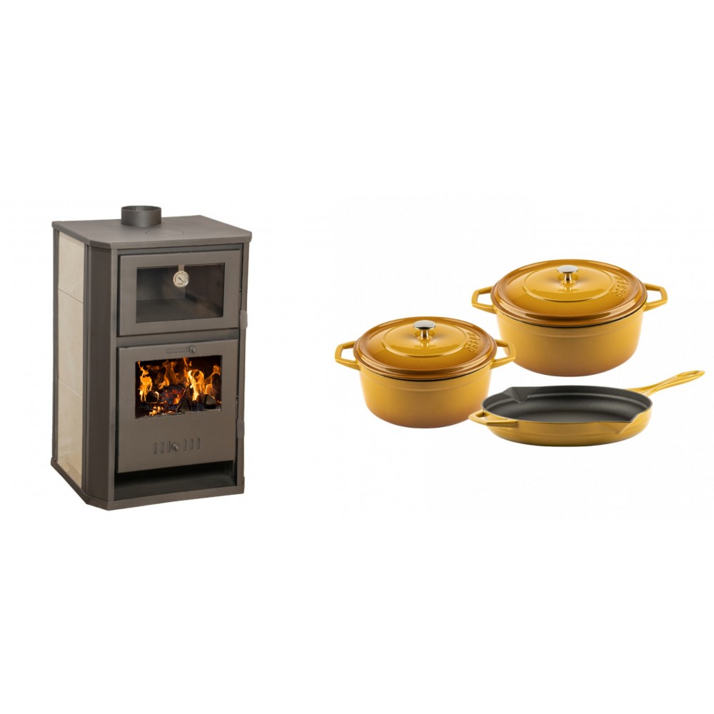 Set Kaminofen, Holzofen Wasserführend mit Backfach Balkan Energy, Modell Suzana Ceramic, 11.6kW - 17.5kW + Gusseisen Topf Set aus 3 teilen Solagio, Dijon