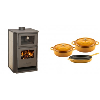 Set Kaminofen, Holzofen Wasserführend mit Backfach Balkan Energy, Modell Suzana Ceramic, 11.6kW - 17.5kW + Gusseisen Topf Set aus 3 teilen Solagio, Dijon - Balkan Energy