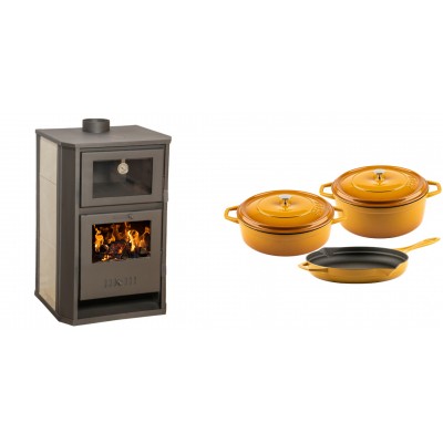 Set Kaminofen, Holzofen Wasserführend mit Backfach Balkan Energy, Modell Suzana Ceramic, 11.6kW - 17.5kW + Gusseisen Topf Set aus 3 teilen Solagio, Dijon - Balkan Energy
