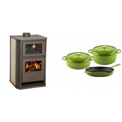 Set Kaminofen, Holzofen Wasserführend mit Backfach Balkan Energy, Modell Suzana Ceramic, 11.6kW - 17.5kW + Gusseisen Topf Set aus 3 teilen Solagio, Bamboo - Balkan Energy