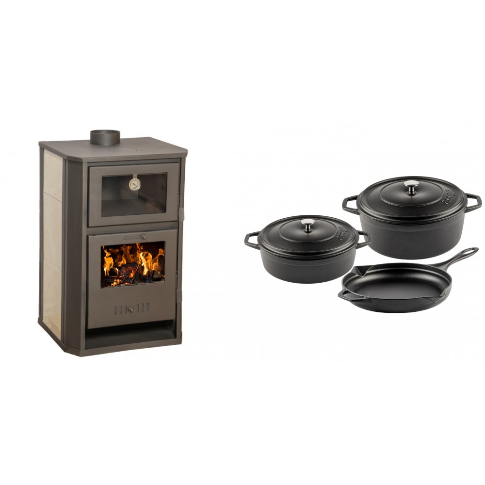 Set Kaminofen, Holzofen Wasserführend mit Backfach Balkan Energy, Modell Suzana Ceramic, 11.6kW - 17.5kW + Gusseisen Topf Set aus 3 teilen Solagio, Black Onyx | Wasserführender Kaminofen | Kaminofen |