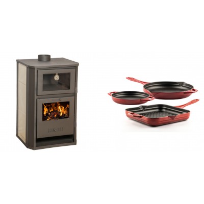 Set Kaminofen, Holzofen Wasserführend mit Backfach Balkan Energy, Modell Suzana Ceramic, 11.6kW - 17.5kW + Gusseisen Topf Set aus 3 teilen Solagio, Rubin - Balkan Energy