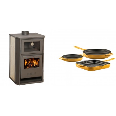 Set Kaminofen, Holzofen Wasserführend mit Backfach Balkan Energy, Modell Suzana Ceramic, 11.6kW - 17.5kW + Gusseisen Topf Set aus 3 teilen Solagio, Dijon - Balkan Energy