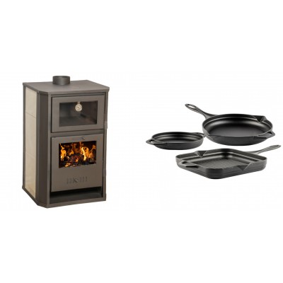 Set Kaminofen, Holzofen Wasserführend mit Backfach Balkan Energy, Modell Suzana Ceramic, 11.6kW - 17.5kW + Gusseisen Topf Set aus 3 teilen Solagio, Black Onyx - Balkan Energy