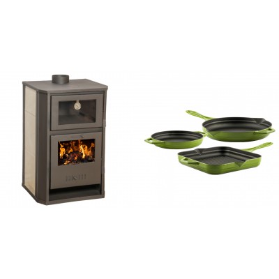 Set Kaminofen, Holzofen Wasserführend mit Backfach Balkan Energy, Modell Suzana Ceramic, 11.6kW - 17.5kW + Gusseisen Topf Set aus 3 teilen Solagio, Bamboo - Balkan Energy
