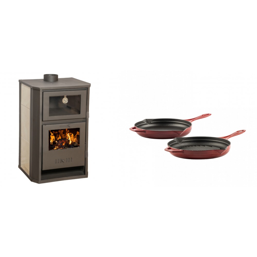 Set Kaminofen, Holzofen Wasserführend mit Backfach Balkan Energy, Modell Suzana Ceramic, 11.6kW - 17.5kW + Gusseisen Topf Set aus 2 teilen Solagio, Rubin