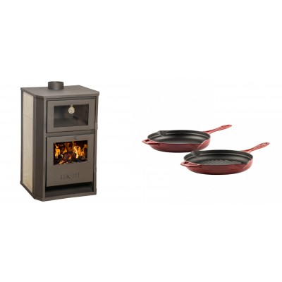 Set Kaminofen, Holzofen Wasserführend mit Backfach Balkan Energy, Modell Suzana Ceramic, 11.6kW - 17.5kW + Gusseisen Topf Set aus 2 teilen Solagio, Rubin - Balkan Energy