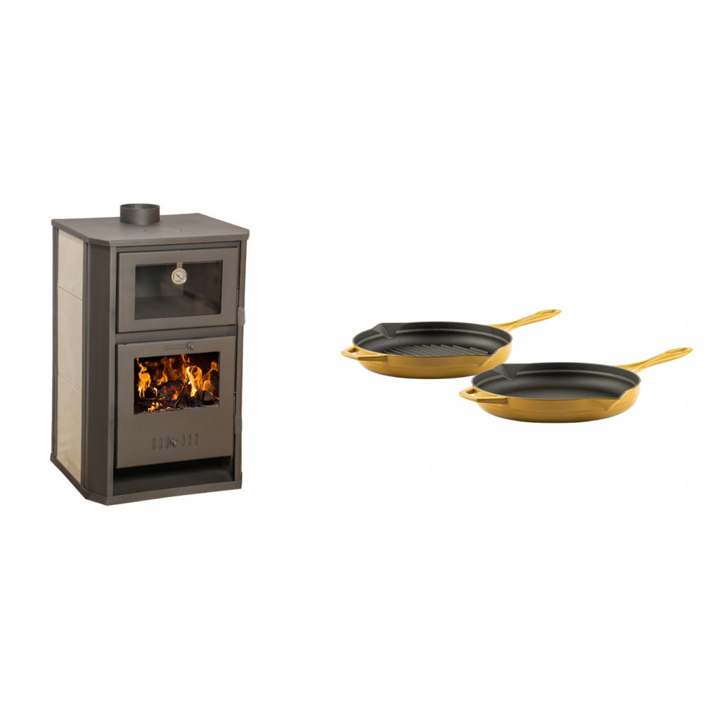 Set Kaminofen, Holzofen Wasserführend mit Backfach Balkan Energy, Modell Suzana Ceramic, 11.6kW - 17.5kW + Gusseisen Topf Set aus 2 teilen Solagio, Dijon