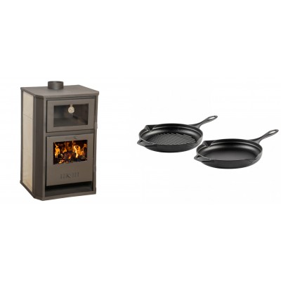 Set Kaminofen, Holzofen Wasserführend mit Backfach Balkan Energy, Modell Suzana Ceramic, 11.6kW - 17.5kW + Gusseisen Topf Set aus 2 teilen Solagio, Black Onyx - Balkan Energy