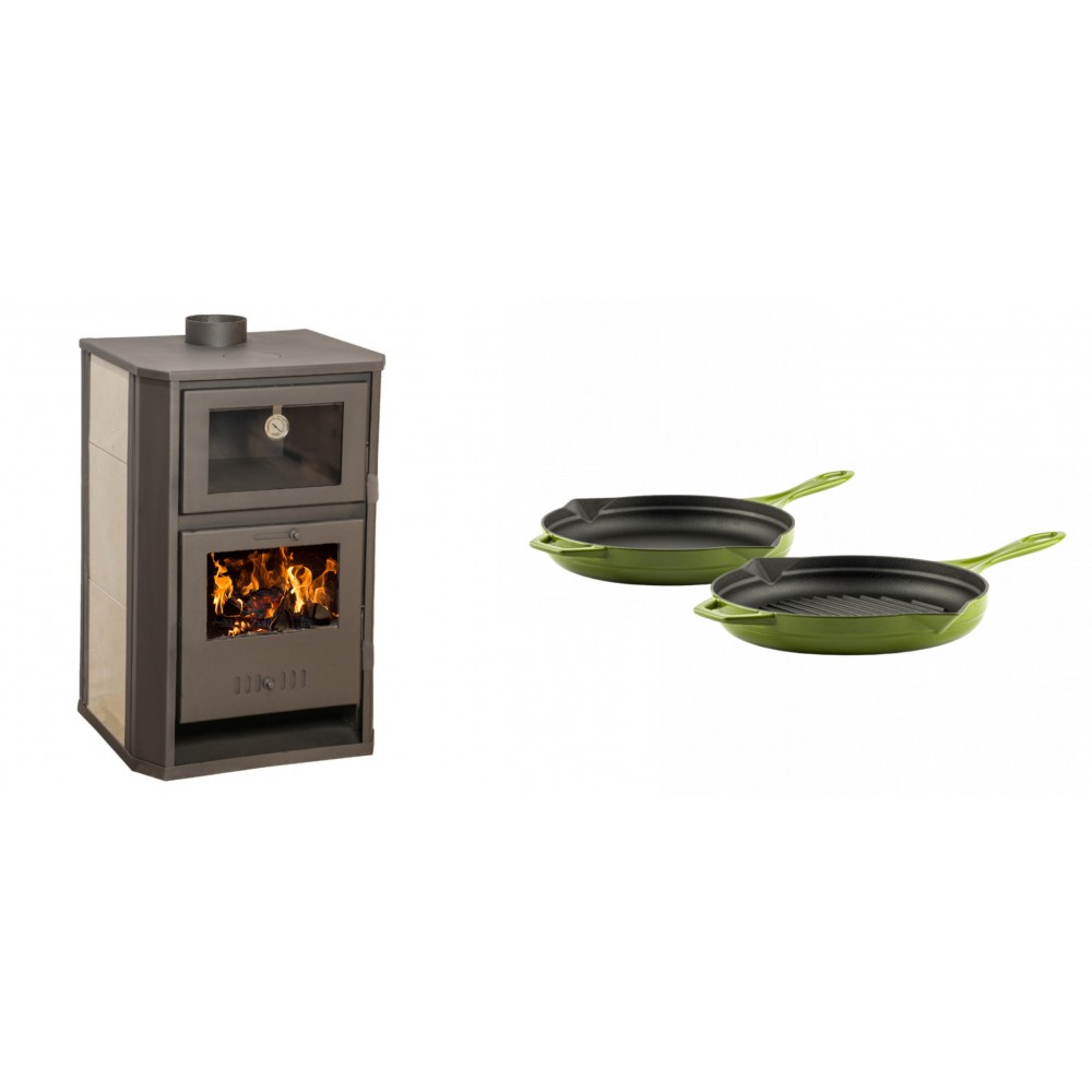 Set Kaminofen, Holzofen Wasserführend mit Backfach Balkan Energy, Modell Suzana Ceramic, 11.6kW - 17.5kW + Gusseisen Topf Set aus 2 teilen Solagio, Bamboo