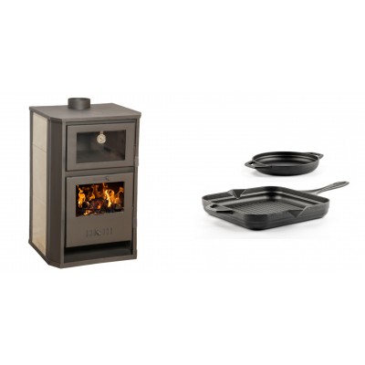 Set Kaminofen, Holzofen Wasserführend mit Backfach Balkan Energy, Modell Suzana Ceramic, 11.6kW - 17.5kW + Gusseisen Topf Set aus 2 teilen Solagio, Black Onyx - Balkan Energy