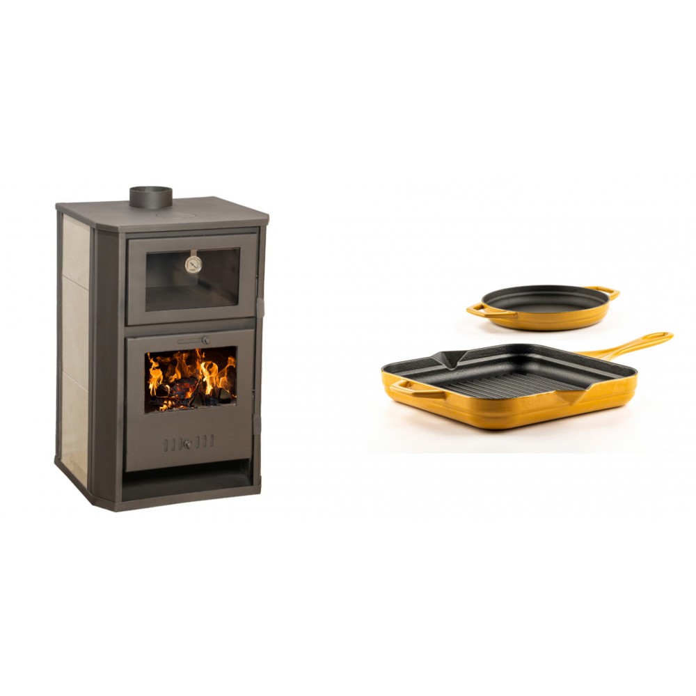 Set Kaminofen, Holzofen Wasserführend mit Backfach Balkan Energy, Modell Suzana Ceramic, 11.6kW - 17.5kW + Gusseisen Topf Set aus 2 teilen Solagio, Dijon