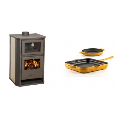 Set Kaminofen, Holzofen Wasserführend mit Backfach Balkan Energy, Modell Suzana Ceramic, 11.6kW - 17.5kW + Gusseisen Topf Set aus 2 teilen Solagio, Dijon - Balkan Energy