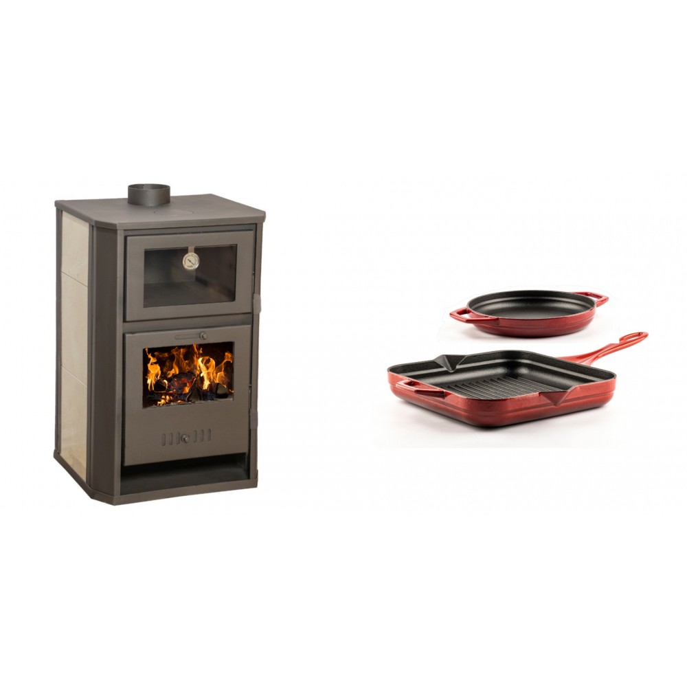 Set Kaminofen, Holzofen Wasserführend mit Backfach Balkan Energy, Modell Suzana Ceramic, 11.6kW - 17.5kW + Gusseisen Topf Set aus 2 teilen Solagio, Rubin | Wasserführender Kaminofen | Kaminofen |