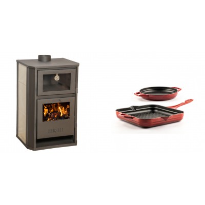 Set Kaminofen, Holzofen Wasserführend mit Backfach Balkan Energy, Modell Suzana Ceramic, 11.6kW - 17.5kW + Gusseisen Topf Set aus 2 teilen Solagio, Rubin - Balkan Energy