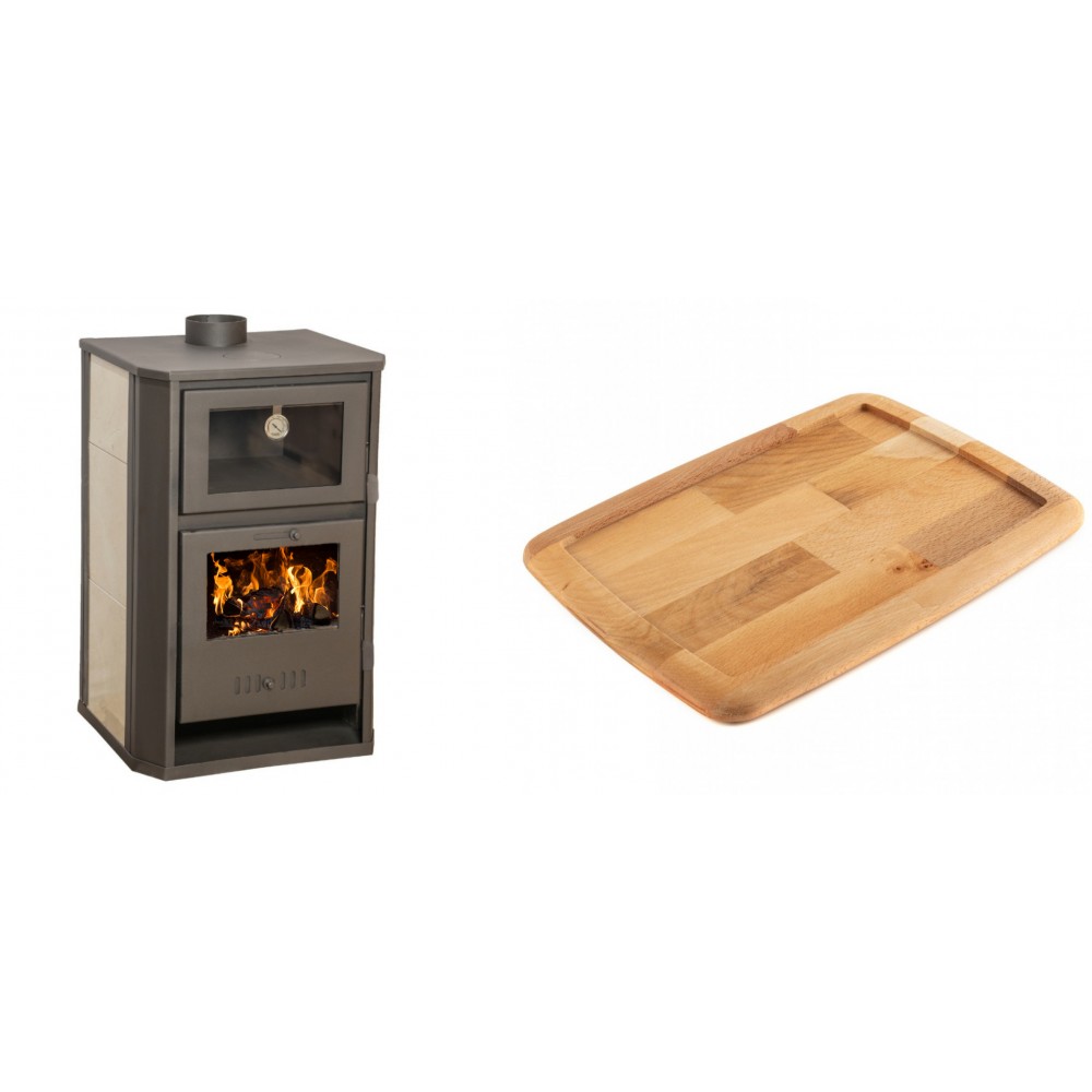 Set Kaminofen, Holzofen Wasserführend mit Backfach Balkan Energy, Modell Suzana Ceramic, 11.6kW - 17.5kW + Holz untersetzer für gusseisenplatte Solagio HSST2131 | Wasserführender Kaminofen | Kaminofen |