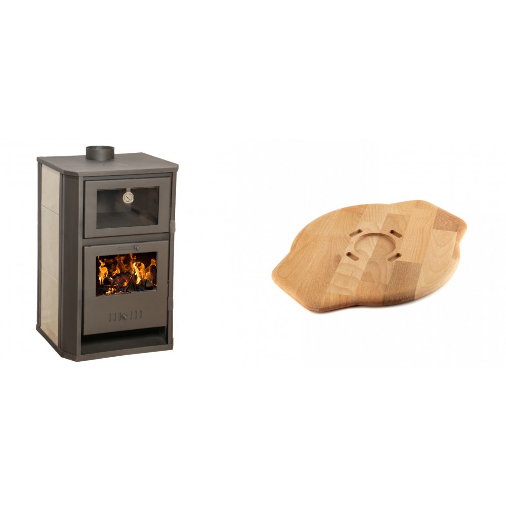Set Kaminofen, Holzofen Wasserführend mit Backfach Balkan Energy, Modell Suzana Ceramic, 11.6kW - 17.5kW + Holz untersetzer für Gusseisenplatte Solagio HSYSAK28