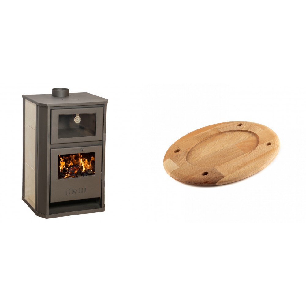Set Kaminofen, Holzofen Wasserführend mit Backfach Balkan Energy, Modell Suzana Ceramic, 11.6kW - 17.5kW + Holz untersetzer für ovale platte Solagio HSOISK2533, 25x33cm | Wasserführender Kaminofen | Kaminofen |