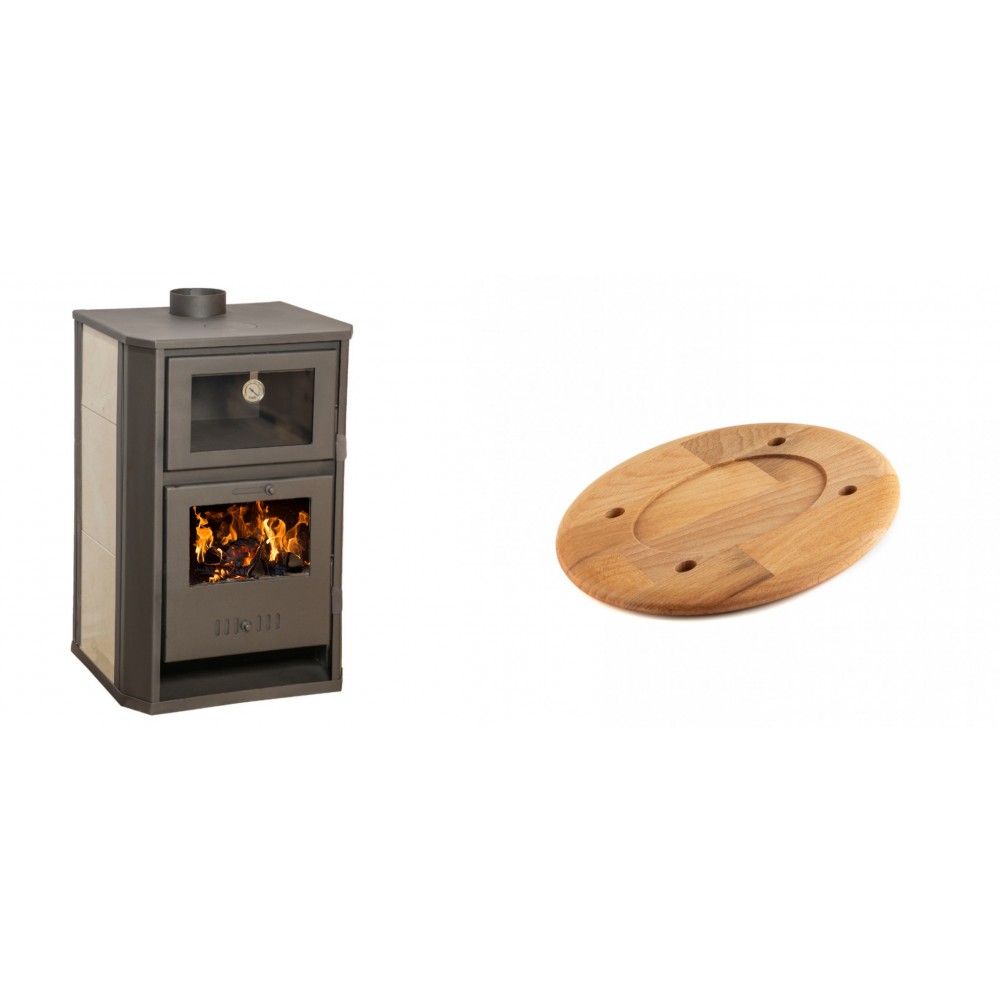 Set Kaminofen, Holzofen Wasserführend mit Backfach Balkan Energy, Modell Suzana Ceramic, 11.6kW - 17.5kW + Holz untersetzer für ovale platte Solagio HSOISK1728, 17x28cm | Wasserführender Kaminofen | Kaminofen |