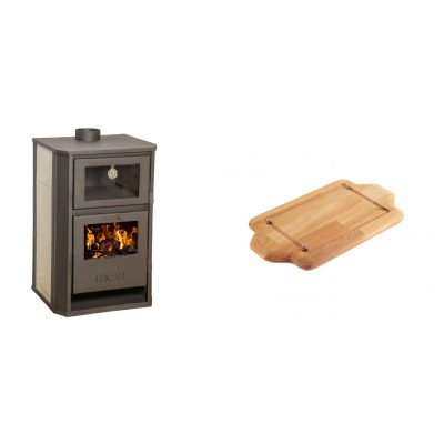 Set Kaminofen, Holzofen Wasserführend mit Backfach Balkan Energy, Modell Suzana Ceramic, 11.6kW - 17.5kW + Holz untersetzer für mini-gusseisenplatte Solagio HSDDHP1522 - Balkan Energy