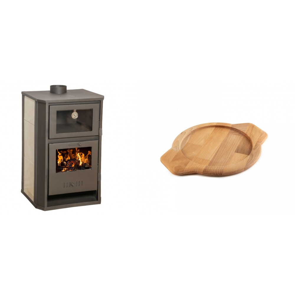 Set Kaminofen, Holzofen Wasserführend mit Backfach Balkan Energy, Modell Suzana Ceramic, 11.6kW - 17.5kW + Holz untersetzer für gusseisenschüssel Solagio HSYKTV22 | Wasserführender Kaminofen | Kaminofen |