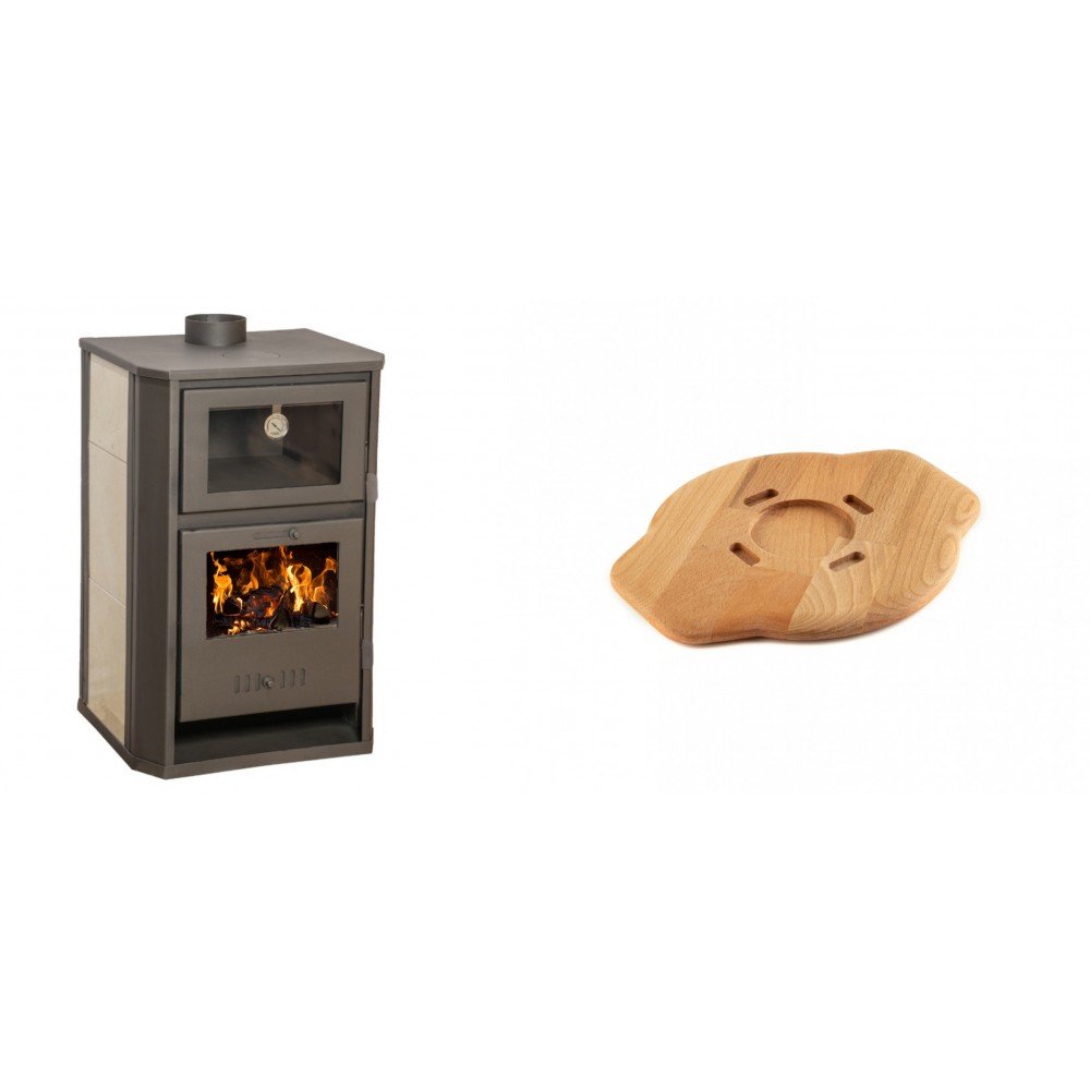 Set Kaminofen, Holzofen Wasserführend mit Backfach Balkan Energy, Modell Suzana Ceramic, 11.6kW - 17.5kW + Holz untersetzer für gusseisenplatte Solagio HSYSAK20