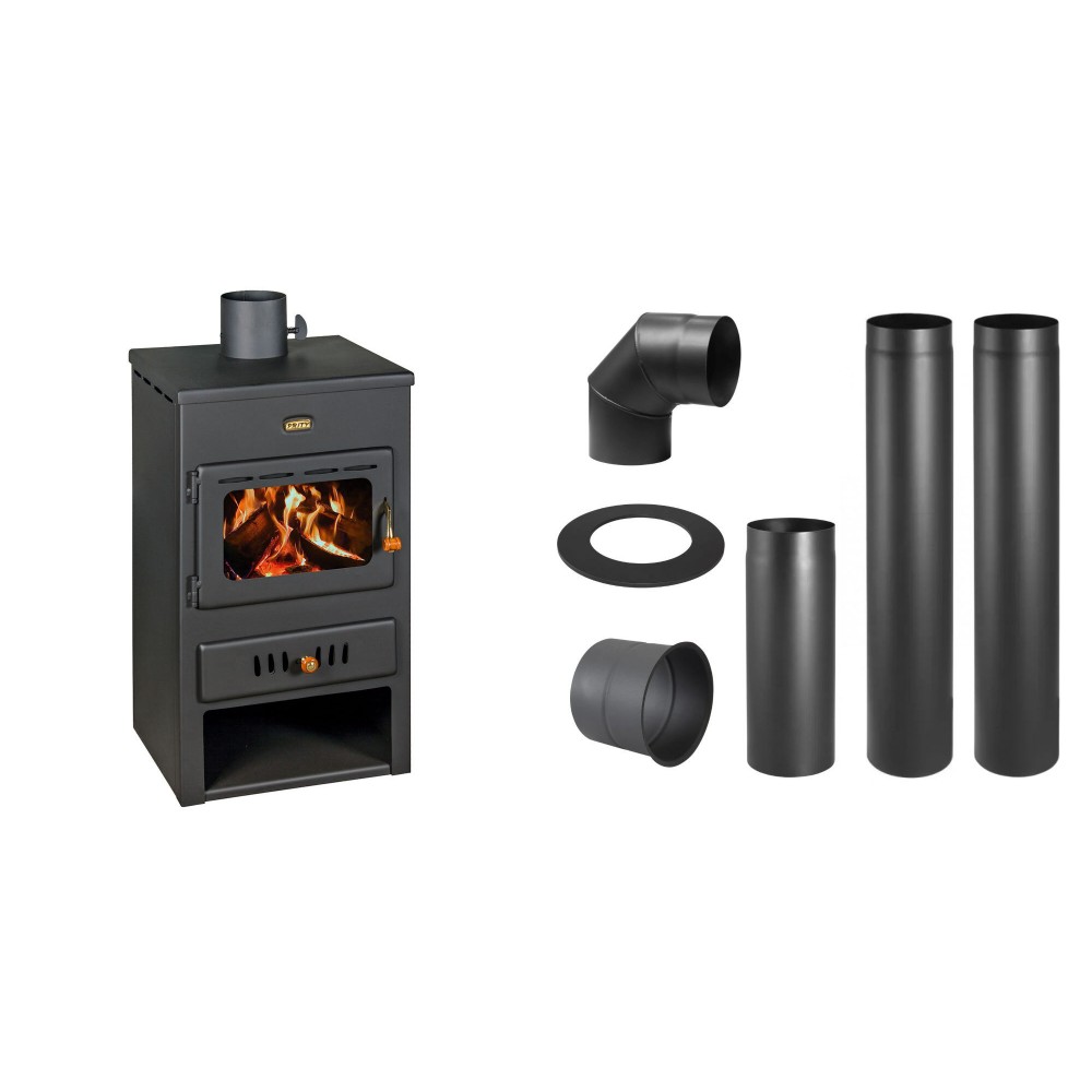 Set Kaminofen, Holzofen Wasserführend Prity, Modell K1 W8, Leistung 13.1kW + Schornstein Bausatz PARKANEX, Stahl Ø130, Dicke 2mm