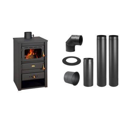 Set Kaminofen, Holzofen Prity, Modell K22, Leistung 10.4kW + Schornstein Bausatz PARKANEX, Stahl Ø130, Dicke 2mm - Prity