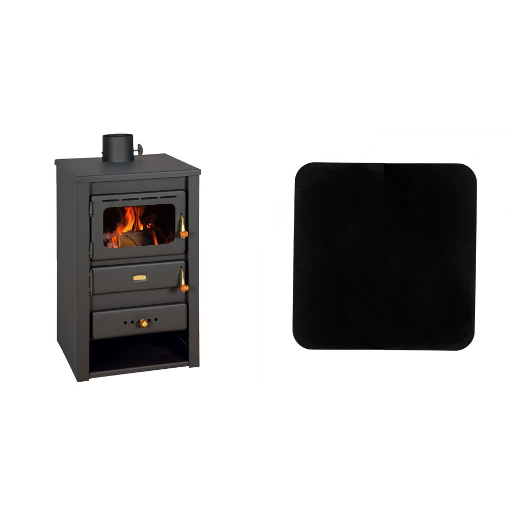 Set Kaminofen, Holzofen Prity, Modell K22, Leistung 10.4kW + Funkenschutzplatte Stahl 2mm, Größe 98x98cm